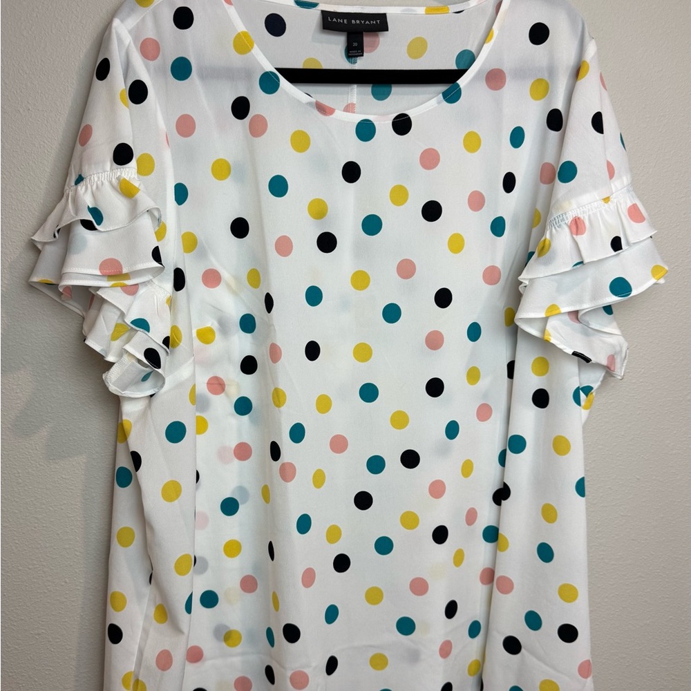 Lane Bryant Flutter‎ Sleeve Plus Size 20 Blouse White With Multicolor Polka-Dots